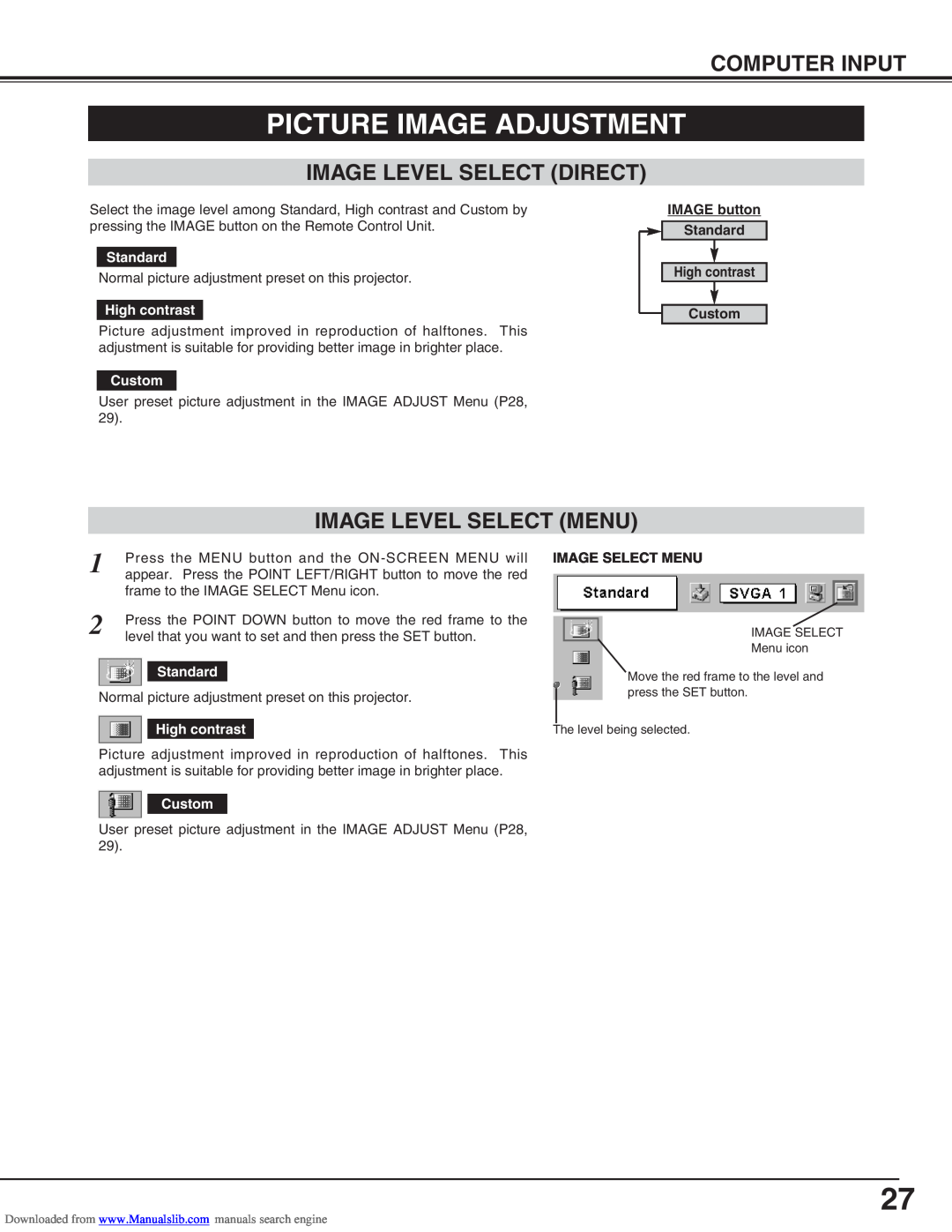 Canon LV-S2 owner manual Picture Image Adjustment, Image Level Select Direct, Image Level Select Menu, Computer Input 