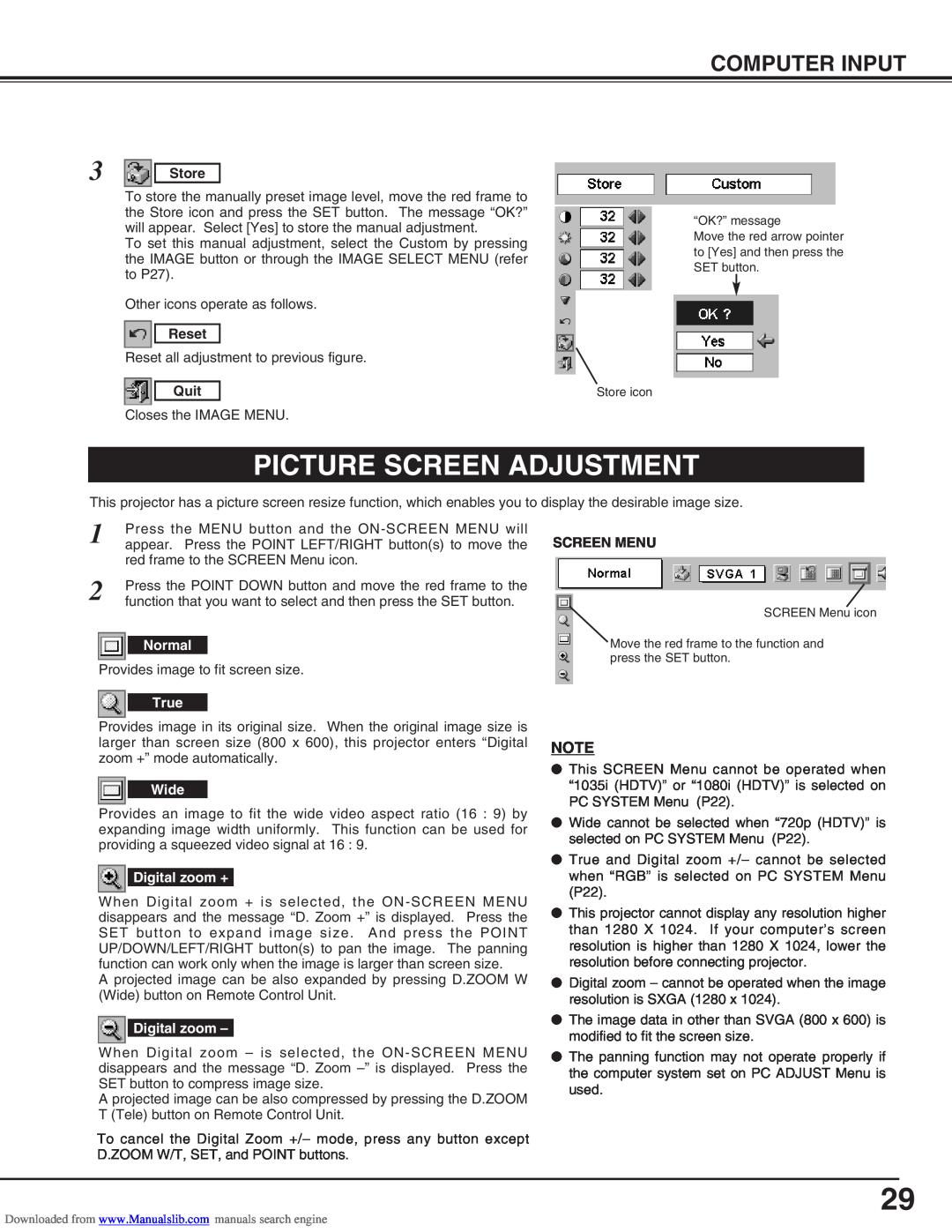 Canon LV-S2 owner manual Picture Screen Adjustment, Computer Input, Store, Reset, Quit, Screen Menu 