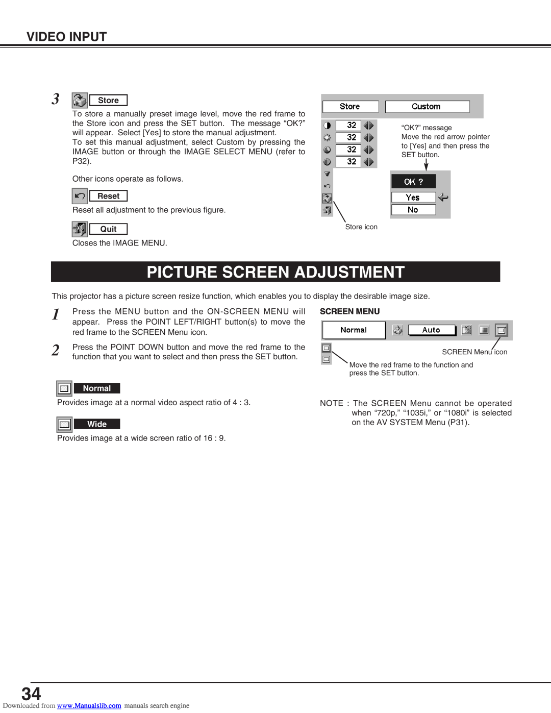 Canon LV-S2 owner manual Picture Screen Adjustment, Video Input, Store, Reset, Quit, Screen Menu 
