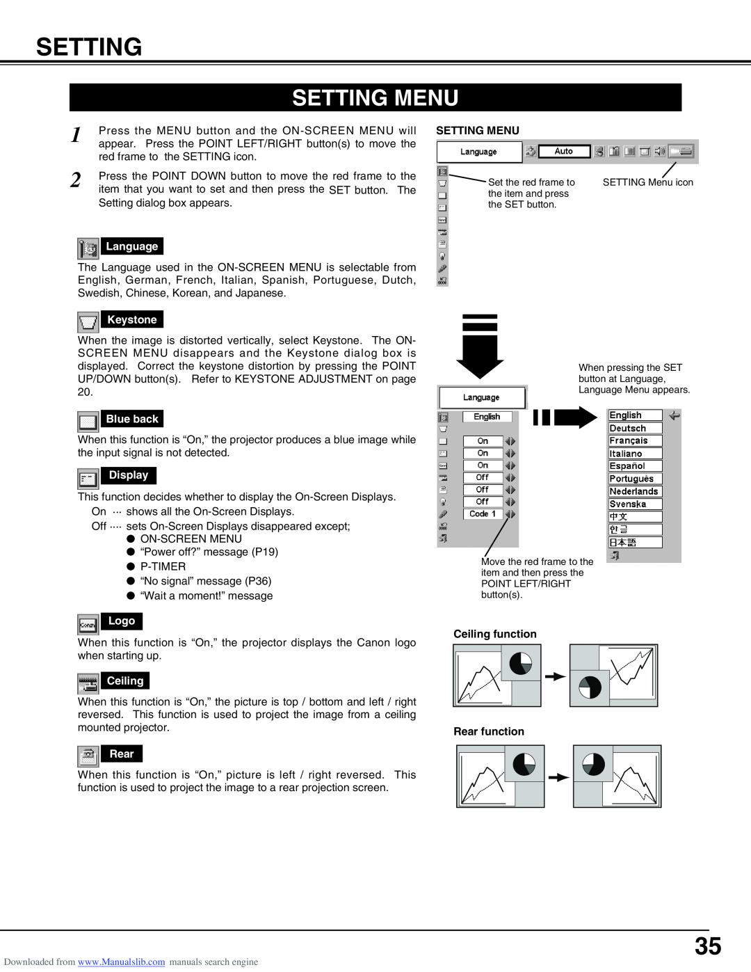 Canon LV-S2 owner manual Setting Menu, Ceiling function Rear function 