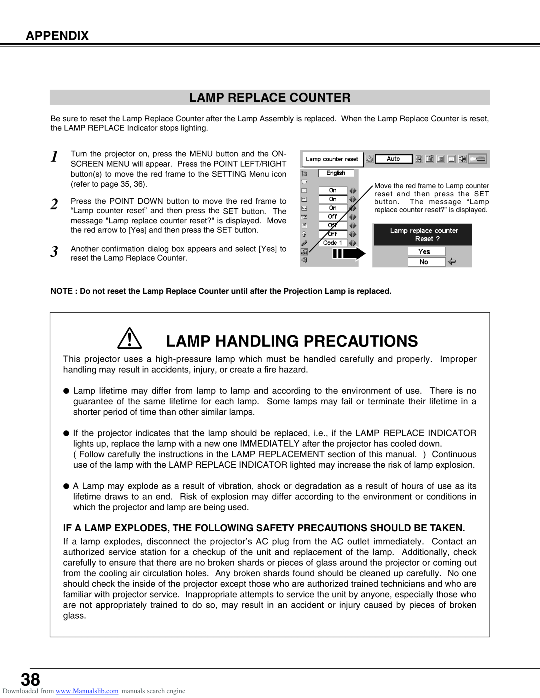 Canon LV-S2 owner manual Appendix Lamp Replace Counter, Lamp Handling Precautions 