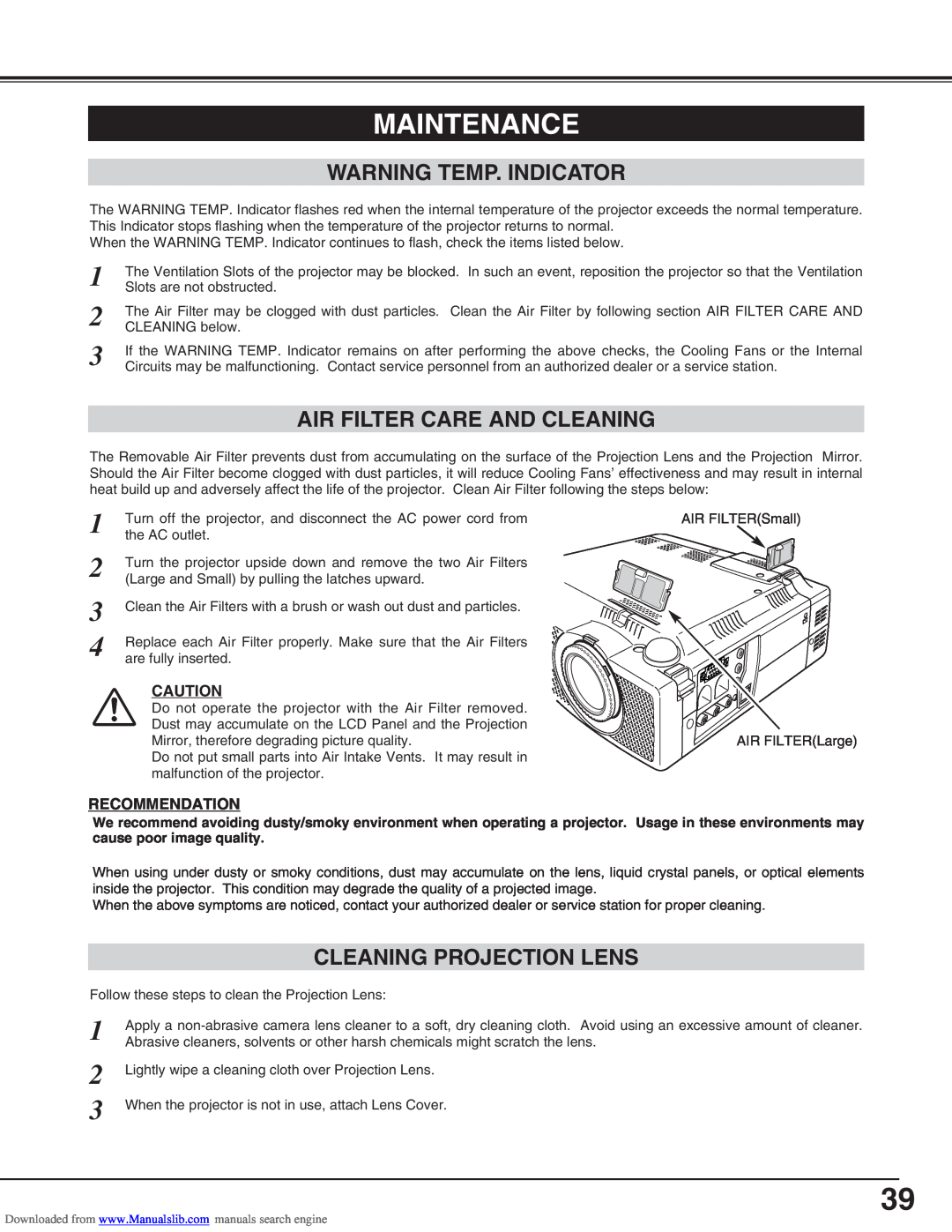 Canon LV-S2 owner manual Maintenance, Warning Temp. Indicator, Air Filter Care And Cleaning, Cleaning Projection Lens 