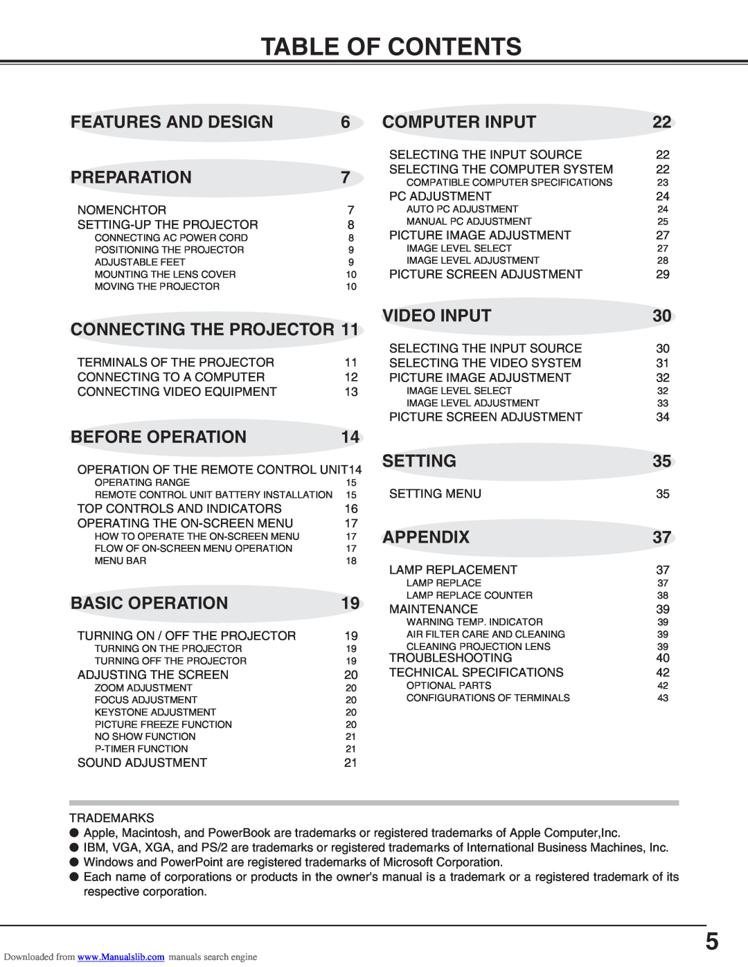 Canon LV-S2 Table Of Contents, Features And Design, Preparation, Connecting The Projector, Computer Input, Video Input 