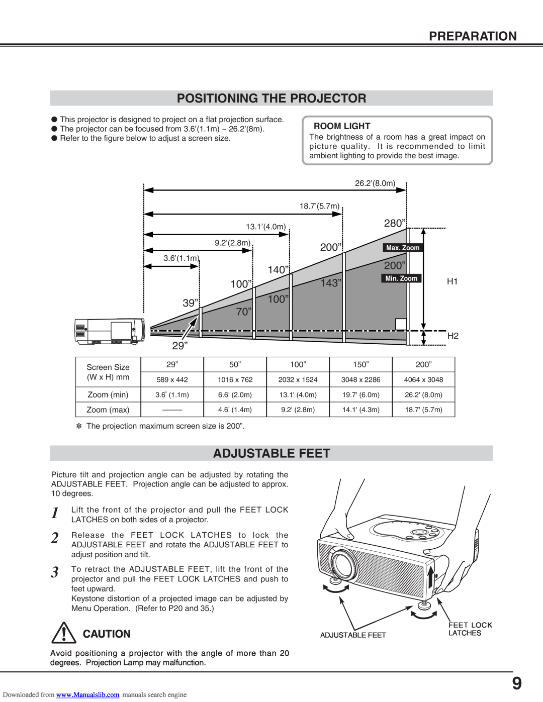 Canon LV-S2 owner manual Preparation Positioning The Projector, Adjustable Feet, Room Light 