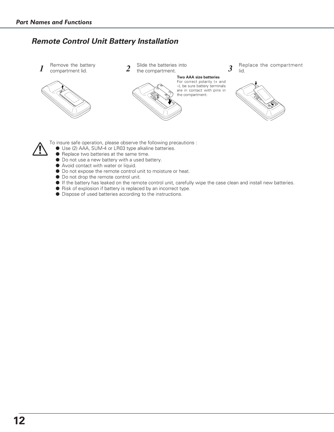 Canon LV-S4 manual Remote Control Unit Battery Installation 