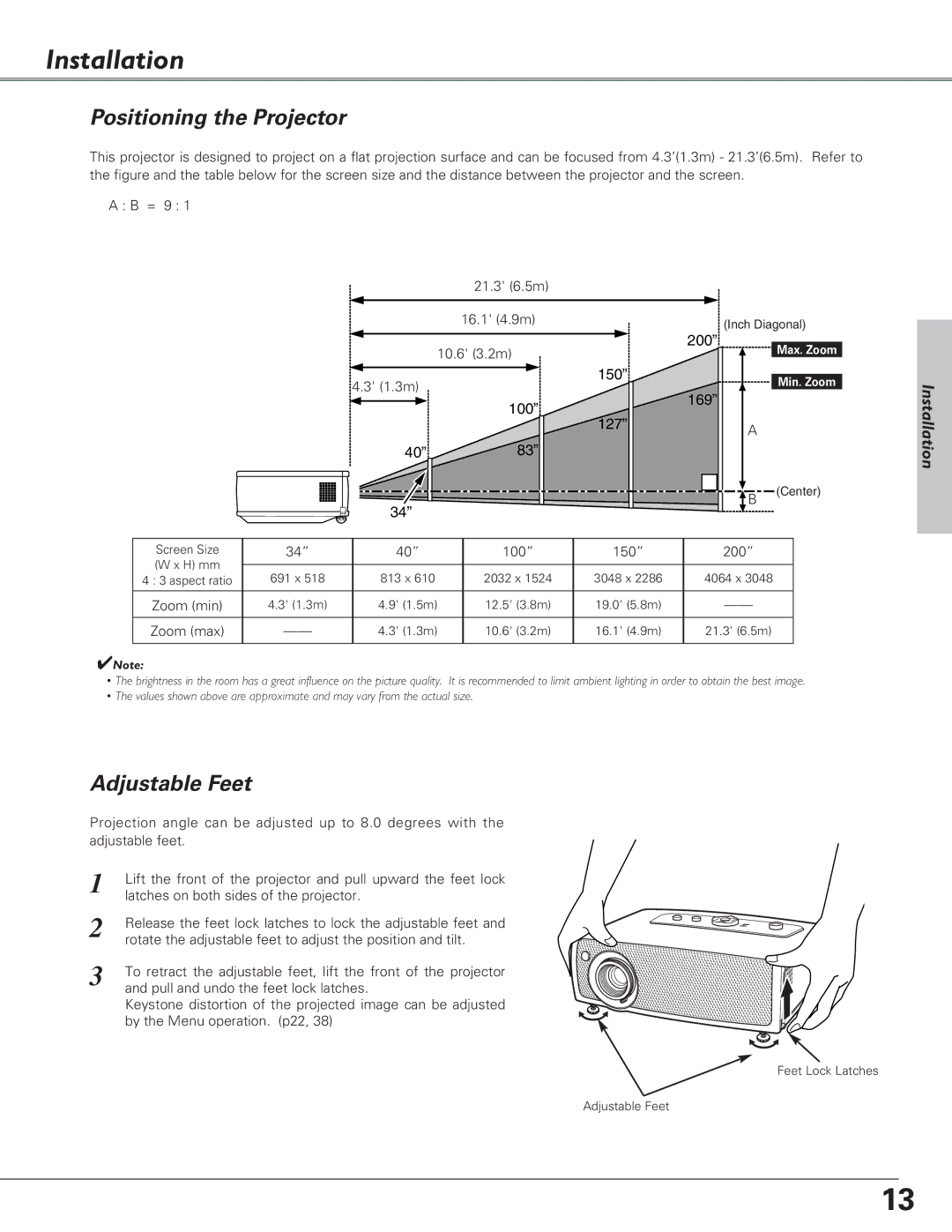 Canon LV-S4 manual Installation, Positioning the Projector, Adjustable Feet 