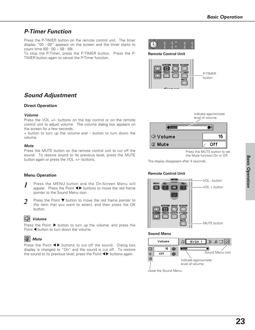 Canon LV-S4 manual Timer Function, Sound Adjustment, Direct Operation, Menu Operation 