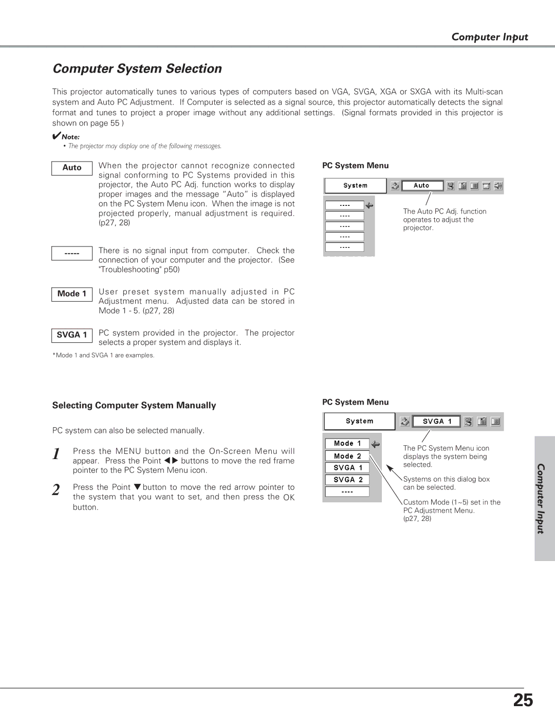 Canon LV-S4 manual Computer System Selection, Selecting Computer System Manually, Auto, Mode 