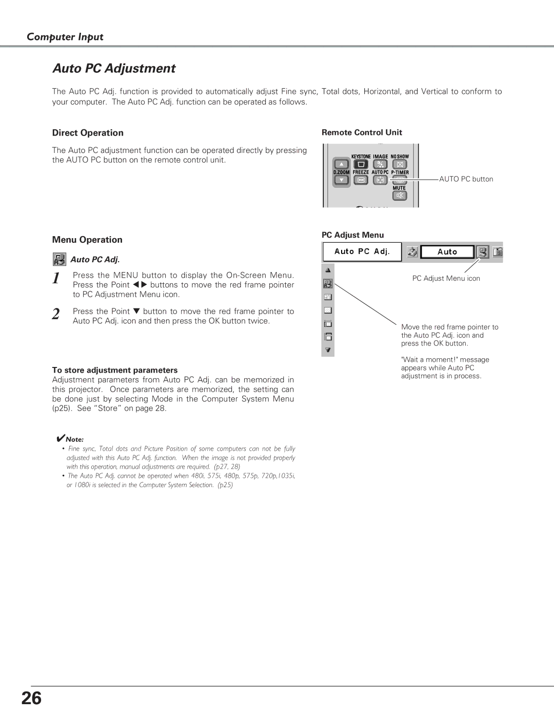 Canon LV-S4 manual Auto PC Adjustment, PC Adjust Menu, To store adjustment parameters 