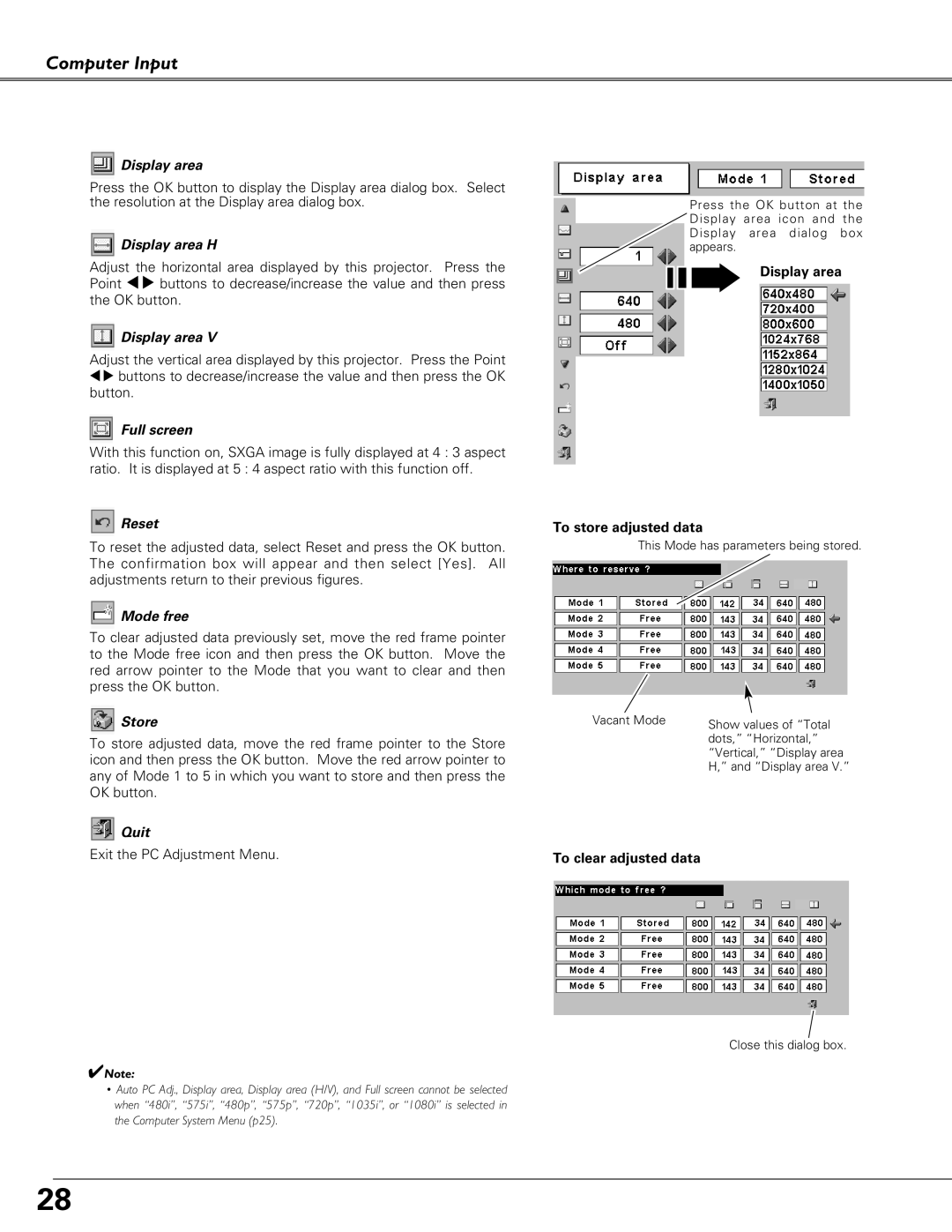 Canon LV-S4 manual Display area H, Full screen, Reset, Mode free, Store, Quit 