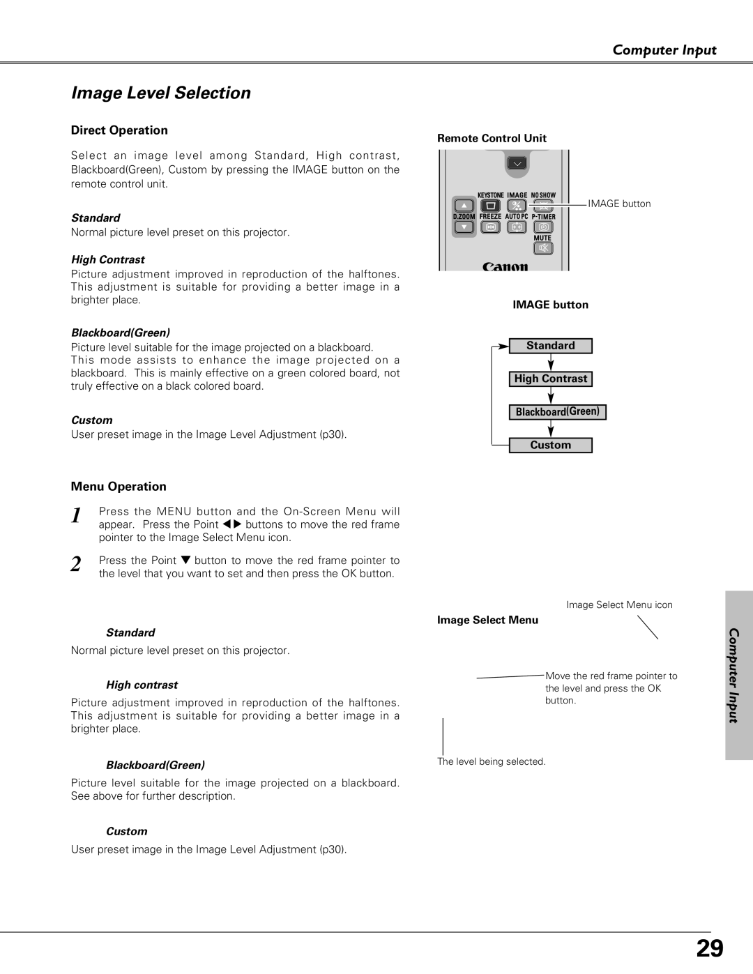 Canon LV-S4 manual Image Level Selection, Standard, High Contrast, BlackboardGreen, Custom 