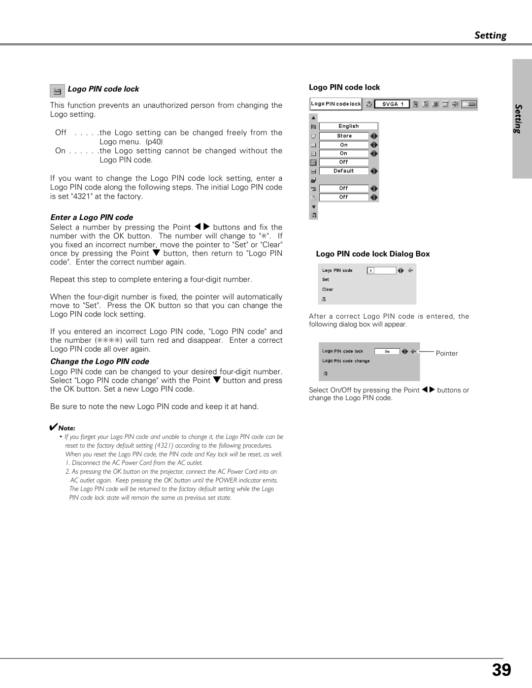 Canon LV-S4 manual Logo PIN code lock, Enter a Logo PIN code, Change the Logo PIN code 