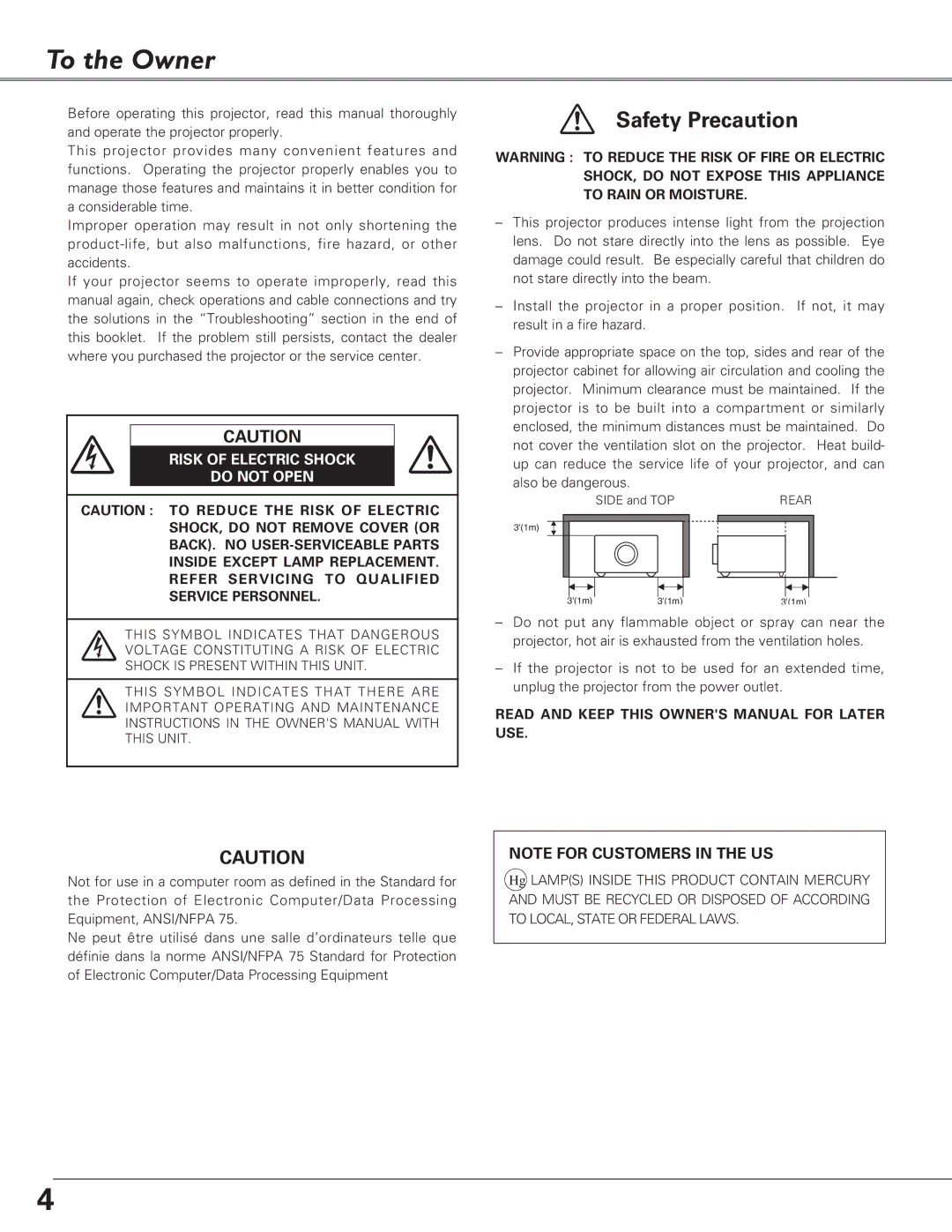 Canon LV-S4 manual To the Owner, Risk of Electric Shock Do not Open 