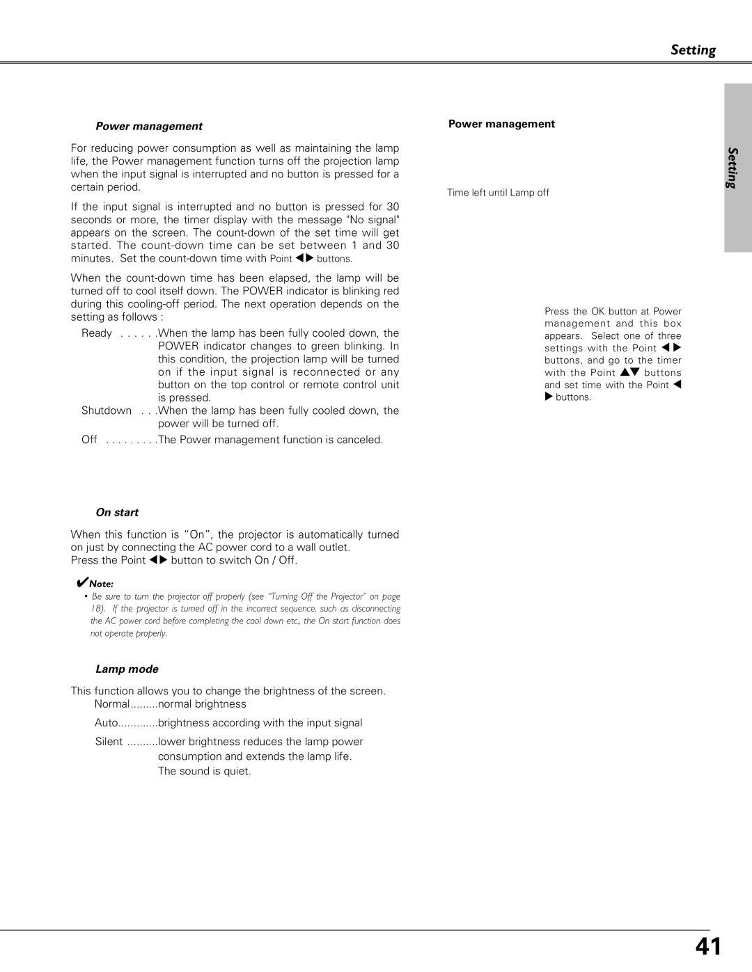 Canon LV-S4 manual Power management, On start, Lamp mode 