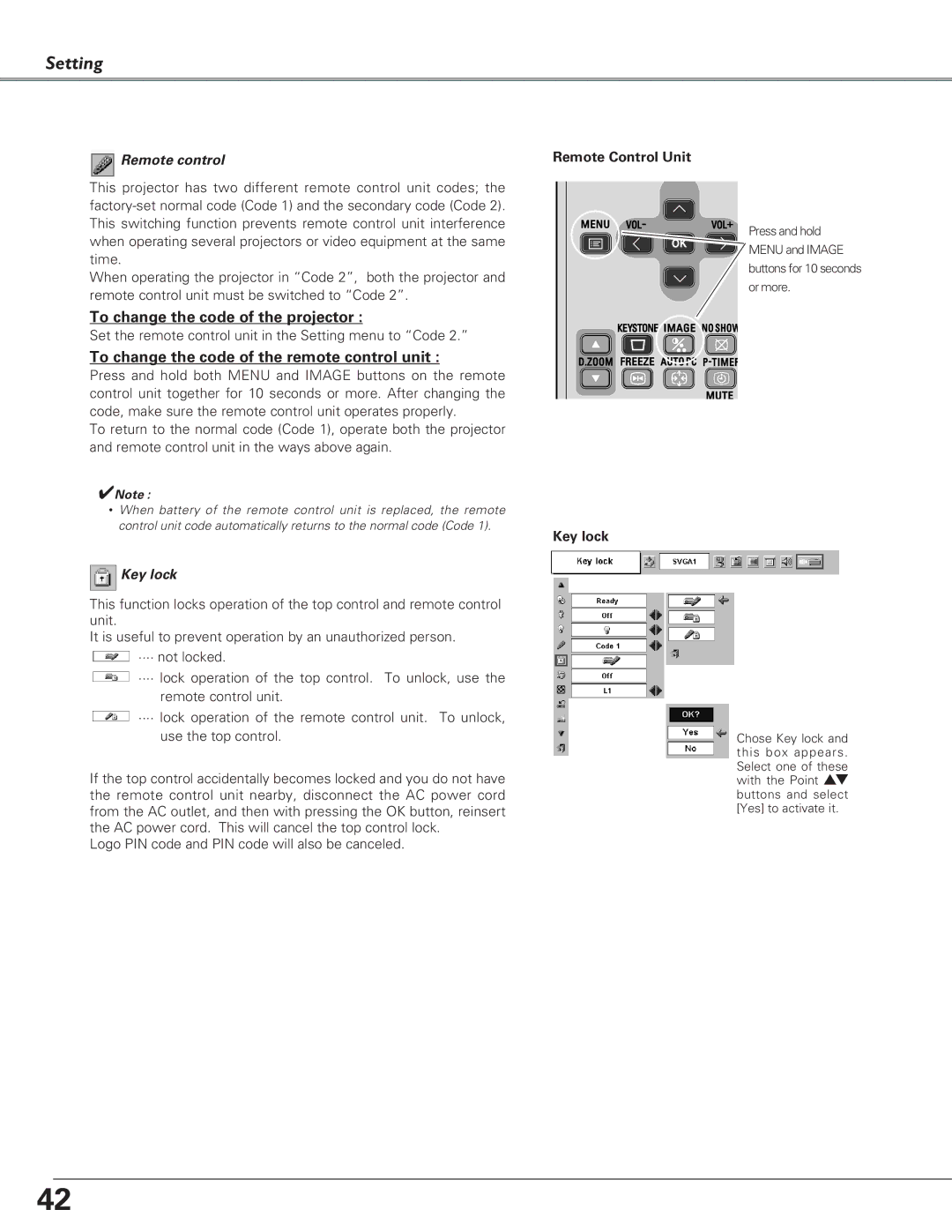 Canon LV-S4 To change the code of the projector, To change the code of the remote control unit, Remote control, Key lock 