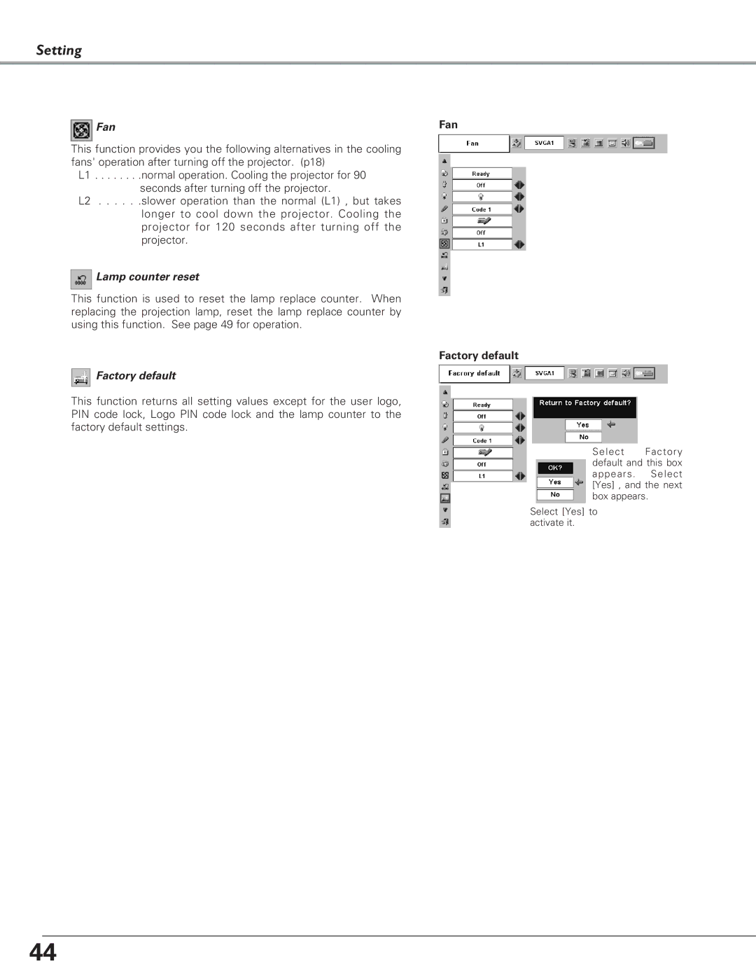 Canon LV-S4 manual Lamp counter reset, Fan Factory default 