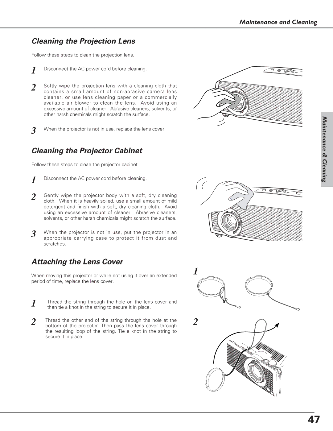 Canon LV-S4 manual Cleaning the Projection Lens, Cleaning the Projector Cabinet, Attaching the Lens Cover 