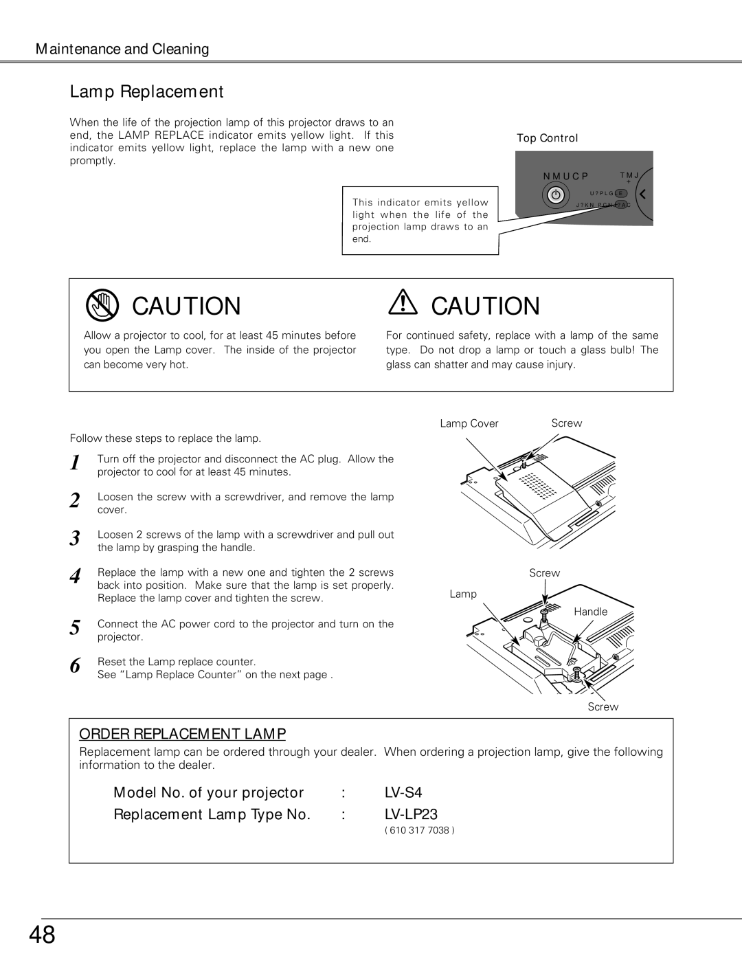 Canon LV-S4 manual Lamp Replacement, Order Replacement Lamp 