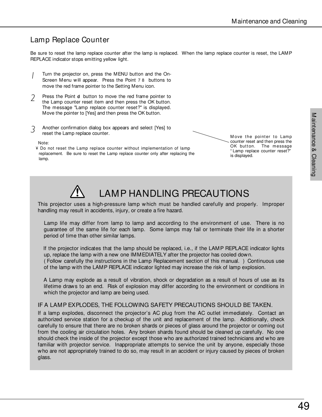 Canon LV-S4 manual Lamp Replace Counter, When the lamp replace counter is reset, the Lamp 