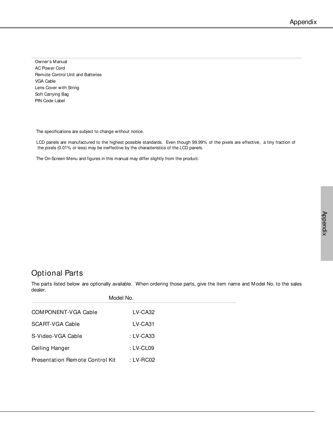 Canon LV-S4 manual Optional Parts, Accessories 