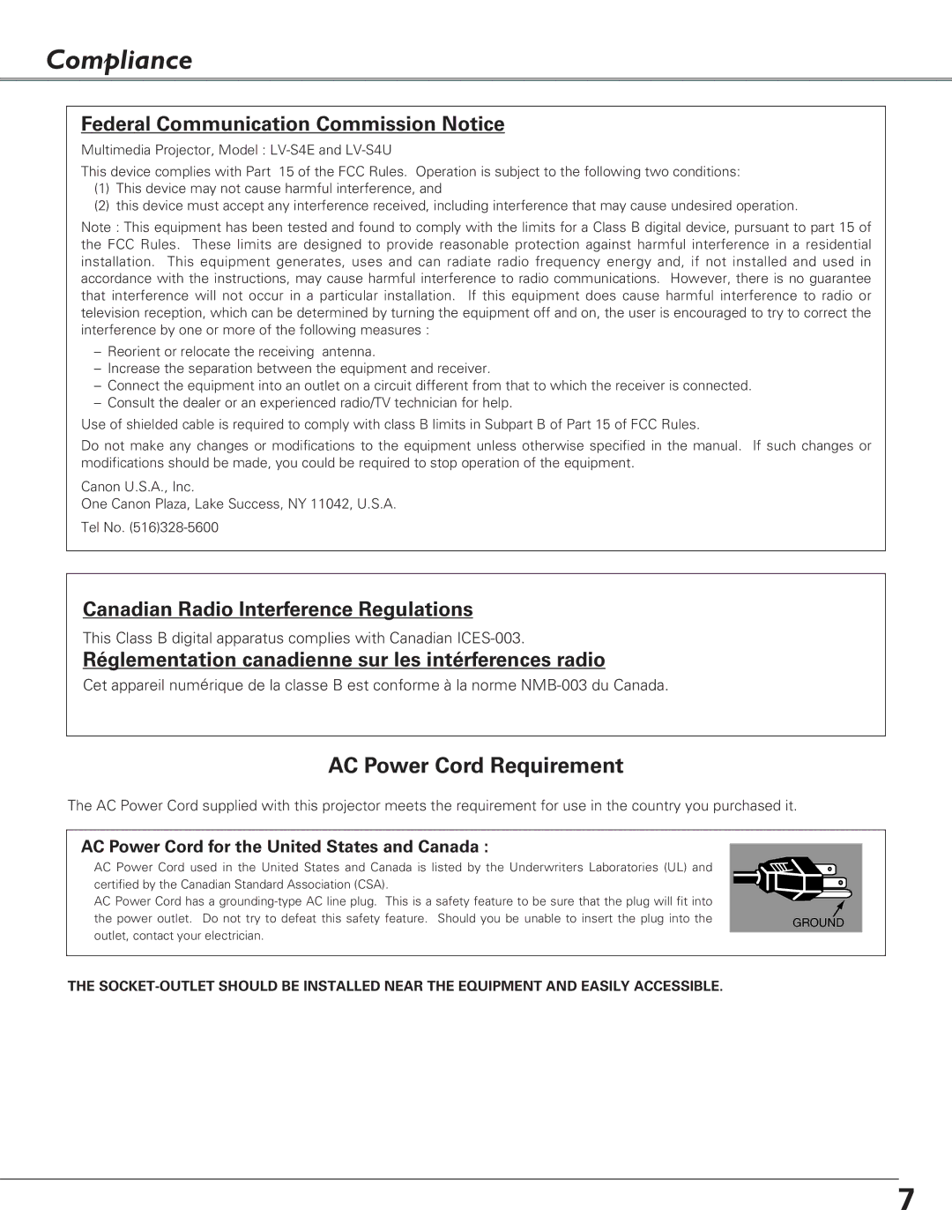 Canon LV-S4 manual Compliance, Federal Communication Commission Notice 