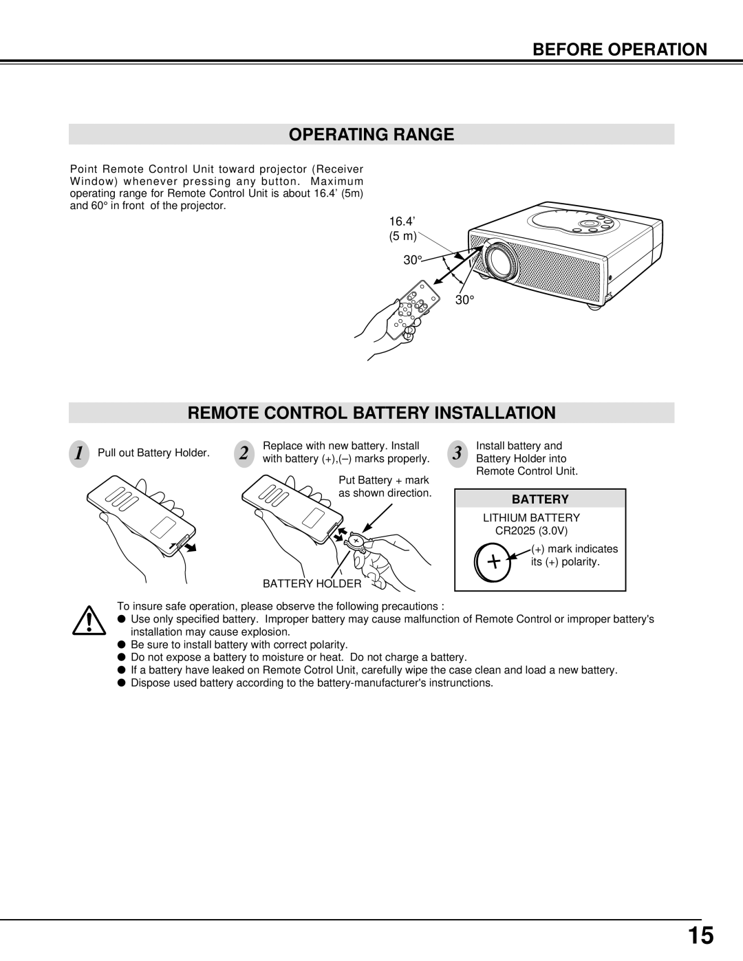 Canon LV-X1 owner manual Before Operation Operating Range, Remote Control Battery Installation 