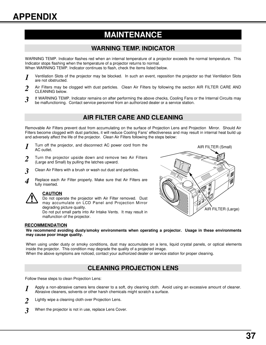 Canon LV-X1 owner manual Appendix, Maintenance, AIR Filter Care and Cleaning, Cleaning Projection Lens, Recommendation 