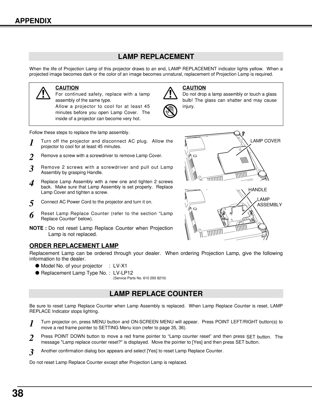 Canon LV-X1 owner manual Appendix Lamp Replacement, Lamp Replace Counter 