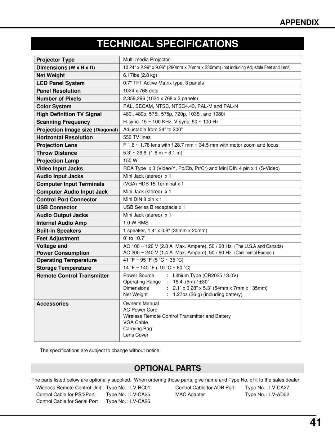 Canon LV-X1 owner manual Optional Parts 