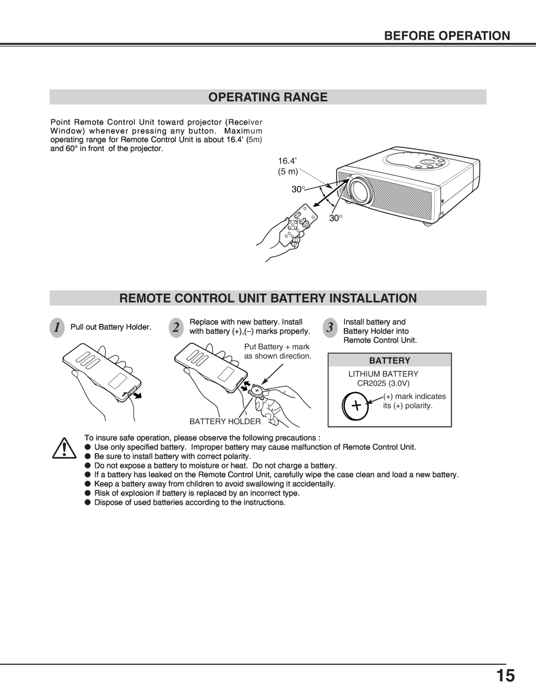 Canon LV-X2 owner manual Before Operation Operating Range, Remote Control Unit Battery Installation 
