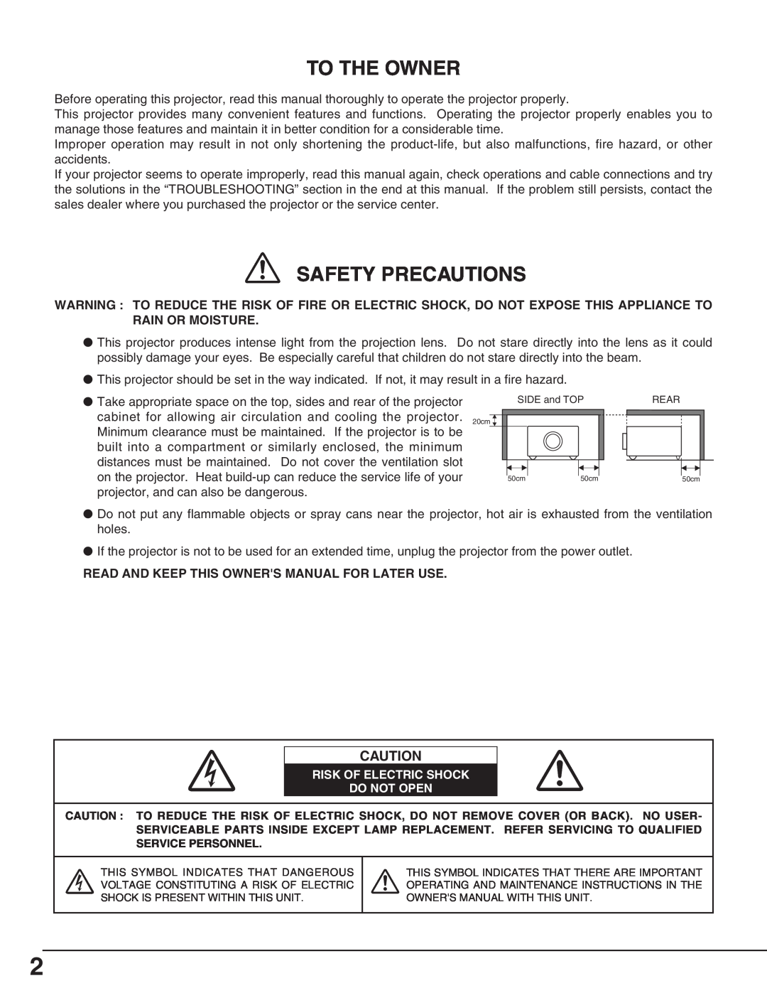 Canon LV-X2 owner manual To The Owner, Safety Precautions, Read And Keep This Owners Manual For Later Use 