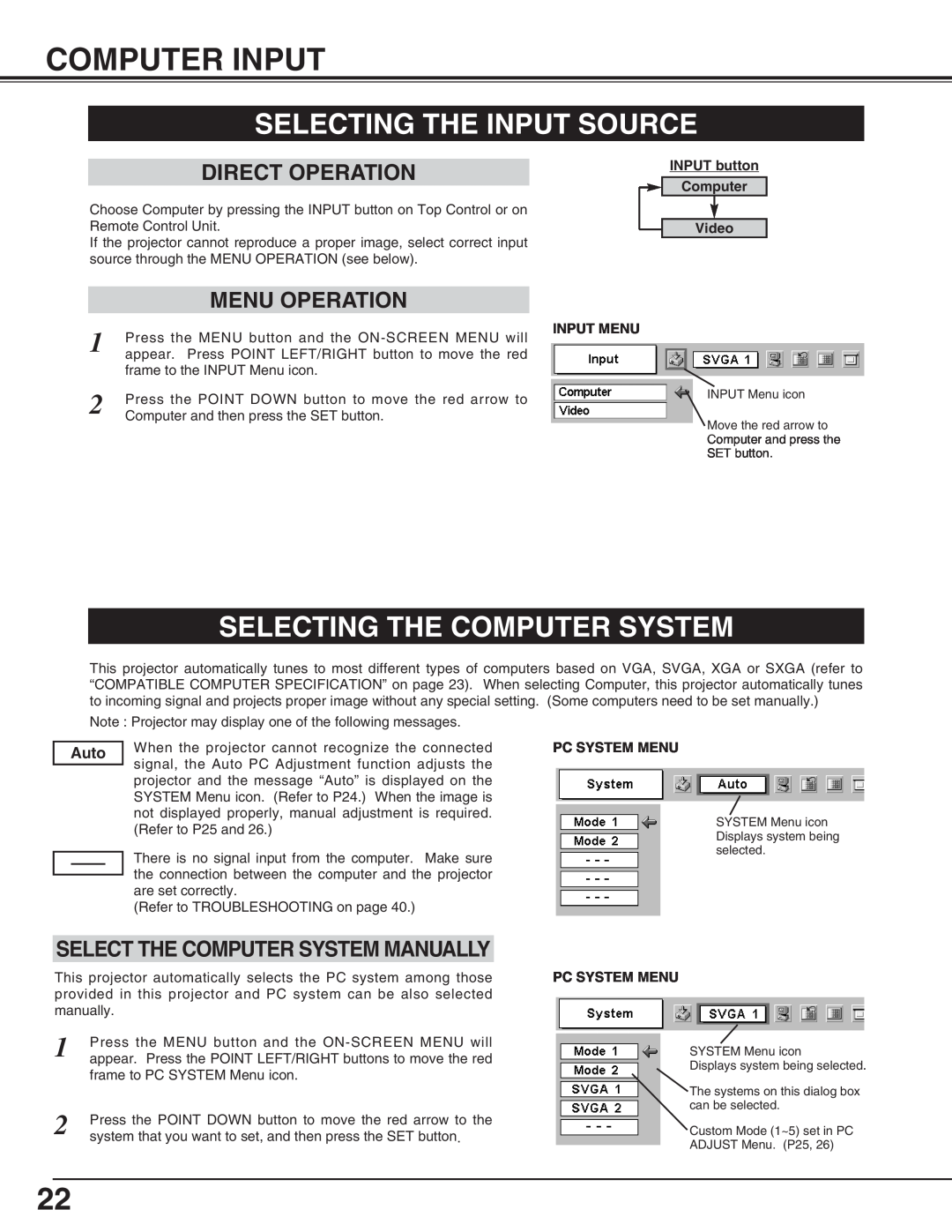 Canon LV-X2 Computer Input, Selecting The Input Source, Selecting The Computer System, Direct Operation, Menu Operation 