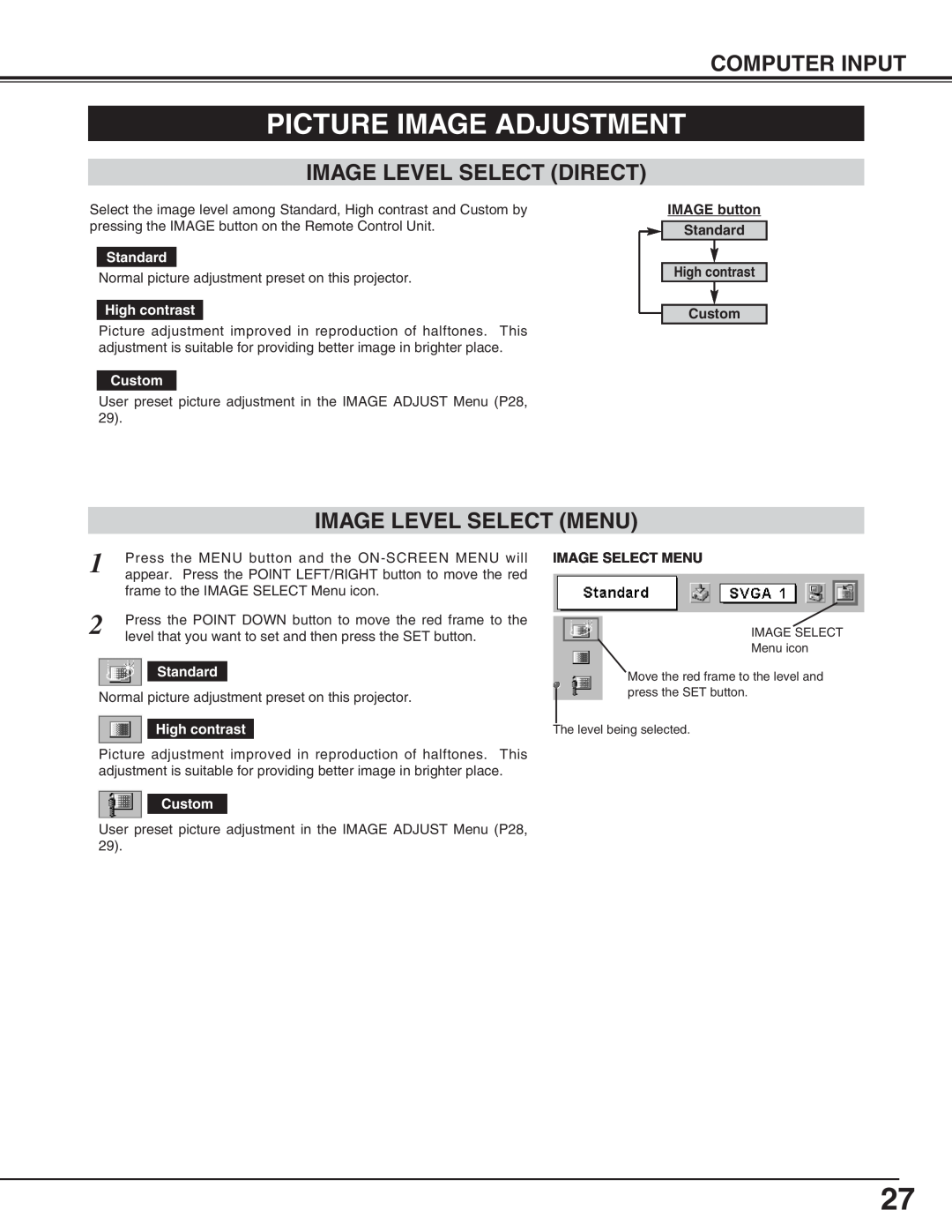 Canon LV-X2 owner manual Picture Image Adjustment, Image Level Select Direct, Image Level Select Menu, Computer Input 