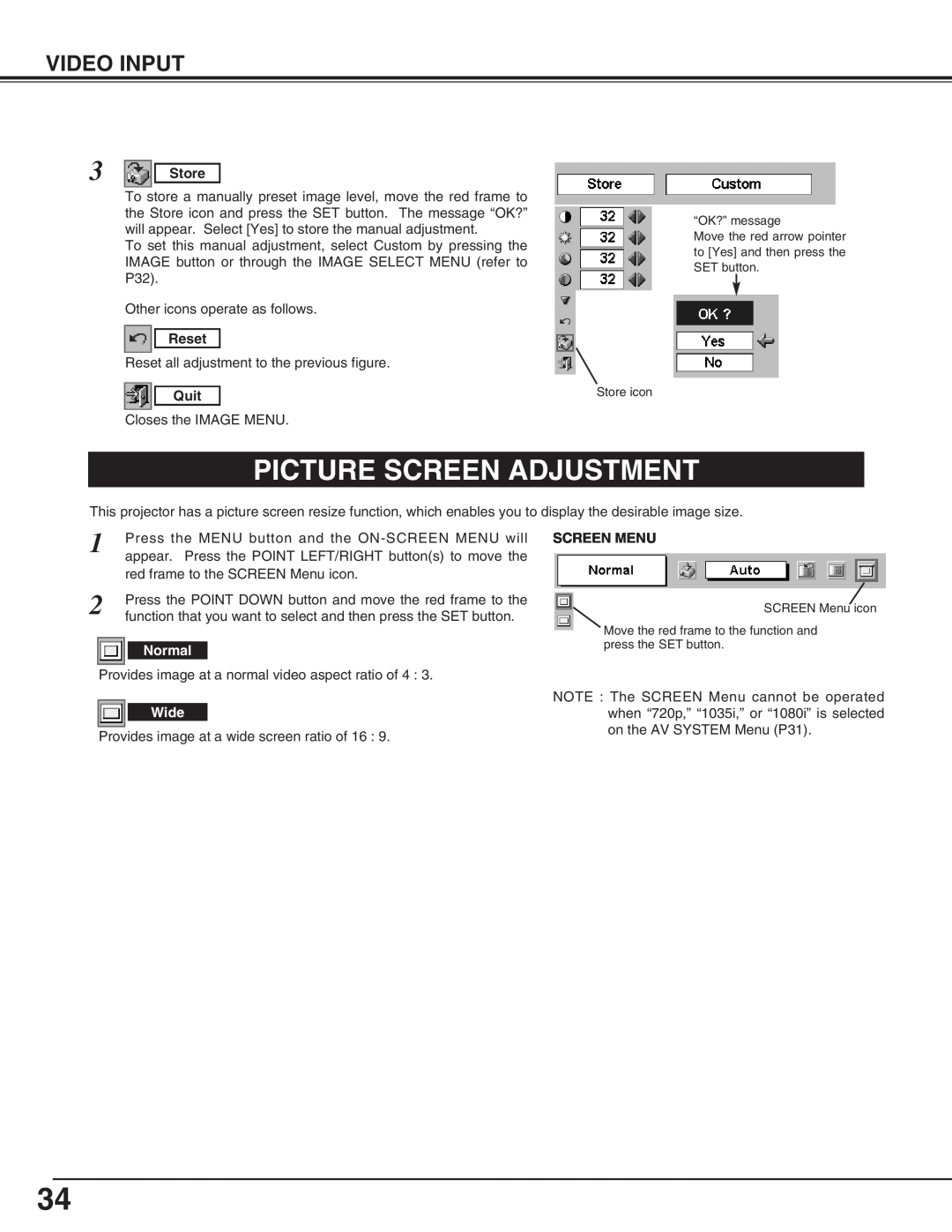 Canon LV-X2 owner manual Picture Screen Adjustment, Video Input, Store, Reset, Quit, Screen Menu 