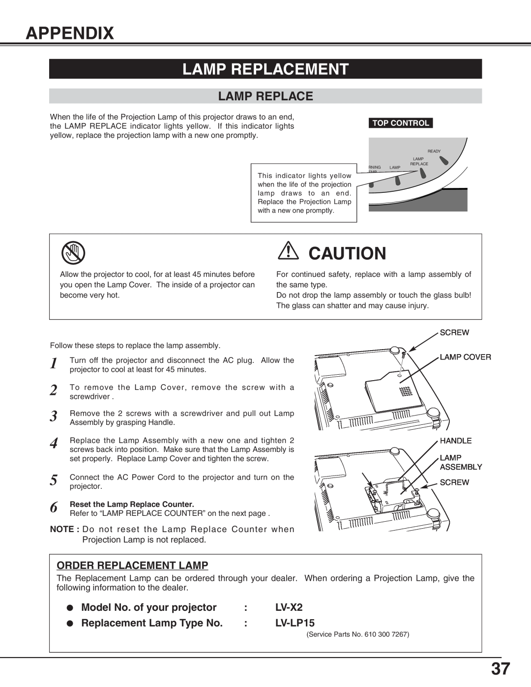 Canon LV-X2 owner manual Appendix, Lamp Replacement 