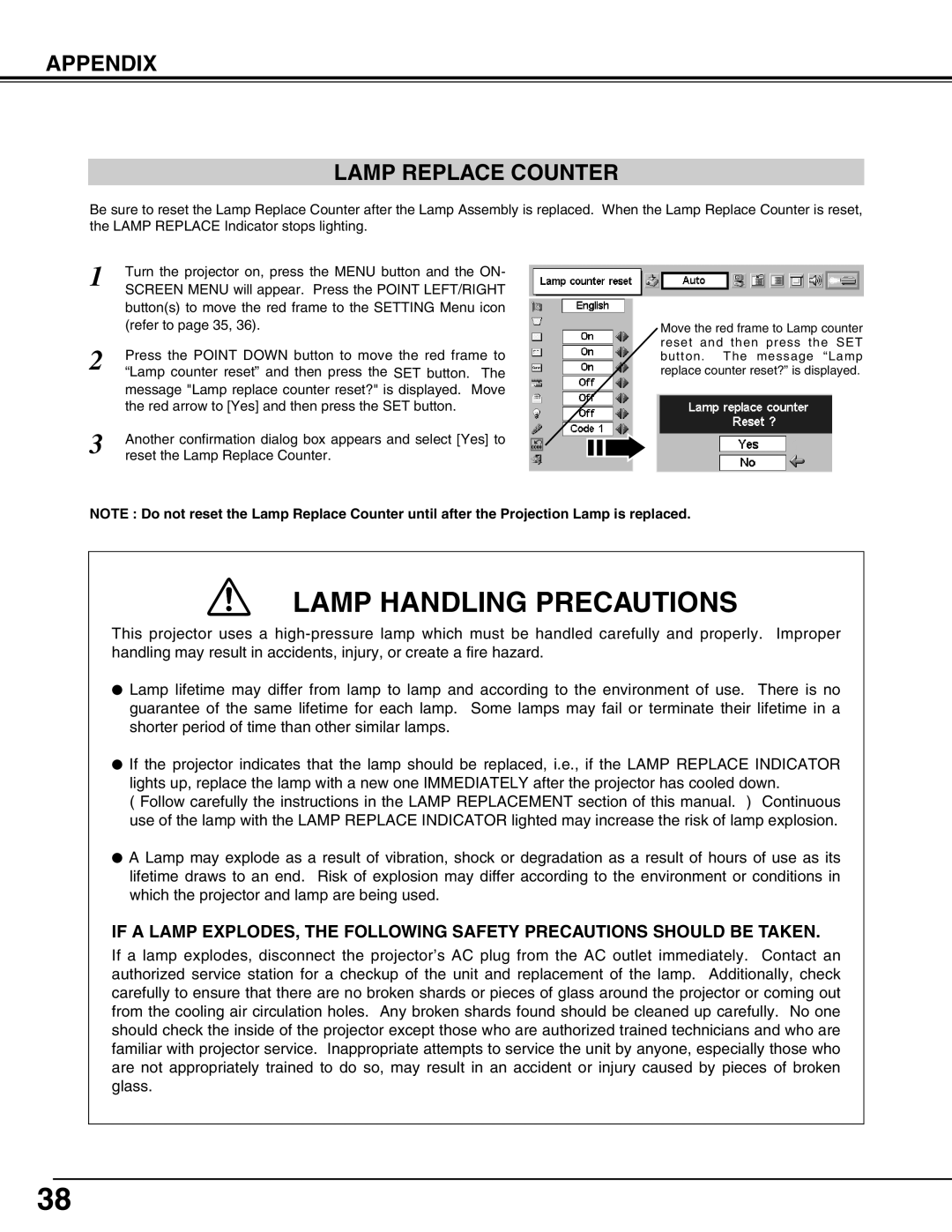 Canon LV-X2 owner manual Appendix Lamp Replace Counter, Lamp Handling Precautions 