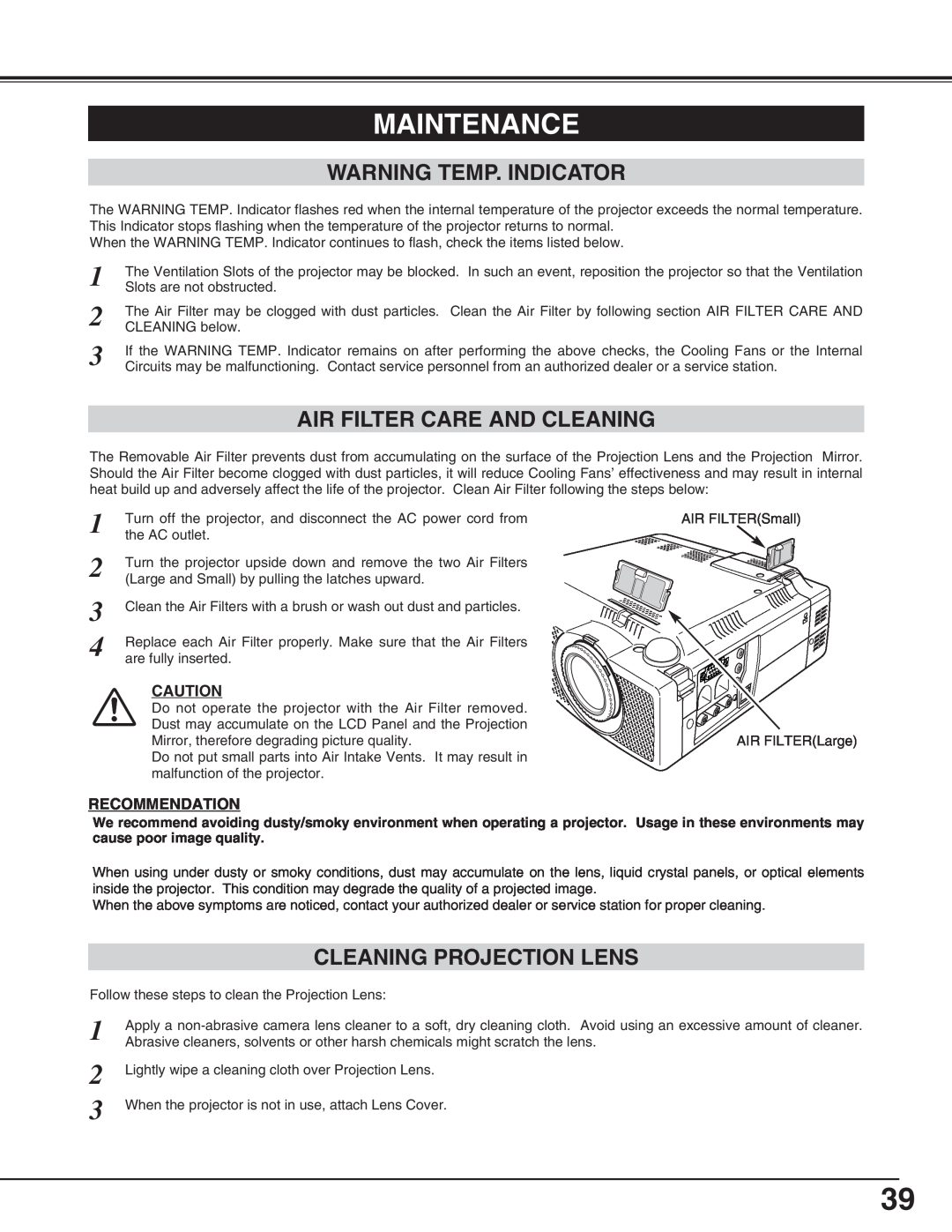 Canon LV-X2 owner manual Maintenance, Warning Temp. Indicator, Air Filter Care And Cleaning, Cleaning Projection Lens 