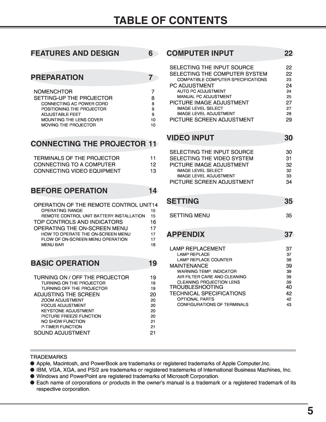 Canon LV-X2 Table Of Contents, Features And Design, Preparation, Connecting The Projector, Computer Input, Video Input 