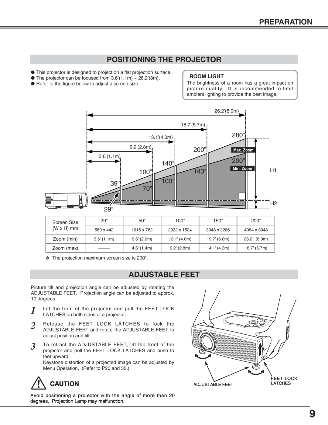 Canon LV-X2 owner manual Preparation Positioning The Projector, Adjustable Feet, Room Light 