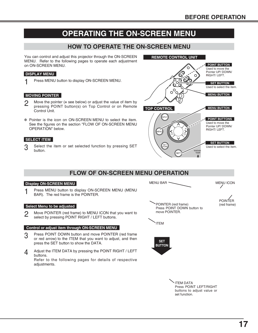 Canon LV-X2 owner manual Operating the ON-SCREEN Menu, HOW to Operate the ON-SCREEN Menu, Flow of ON-SCREEN Menu Operation 