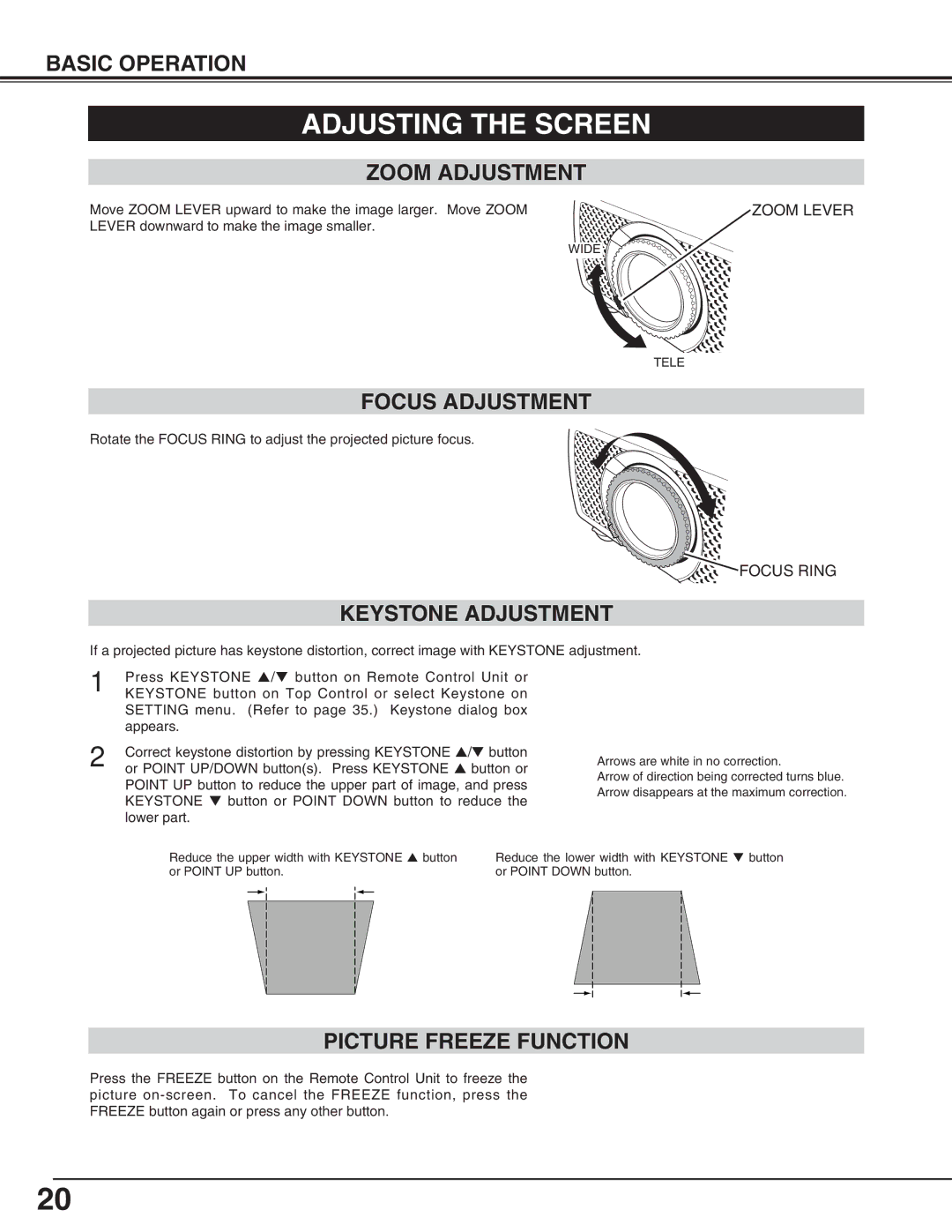 Canon LV-X2 Adjusting the Screen, Zoom Adjustment, Focus Adjustment, Keystone Adjustment, Picture Freeze Function 