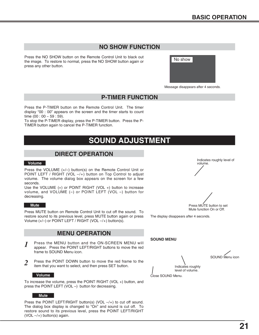 Canon LV-X2 Sound Adjustment, Basic Operation No Show Function, Timer Function, Direct Operation, Menu Operation 