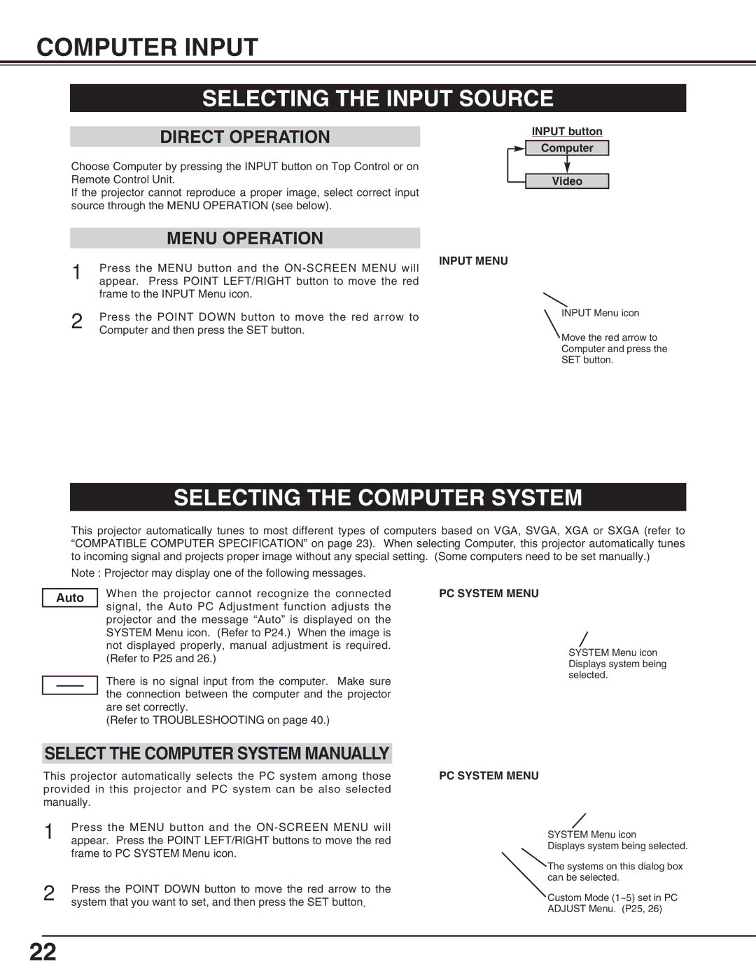 Canon LV-X2 owner manual Computer Input, Selecting the Input Source, Selecting the Computer System, Auto 