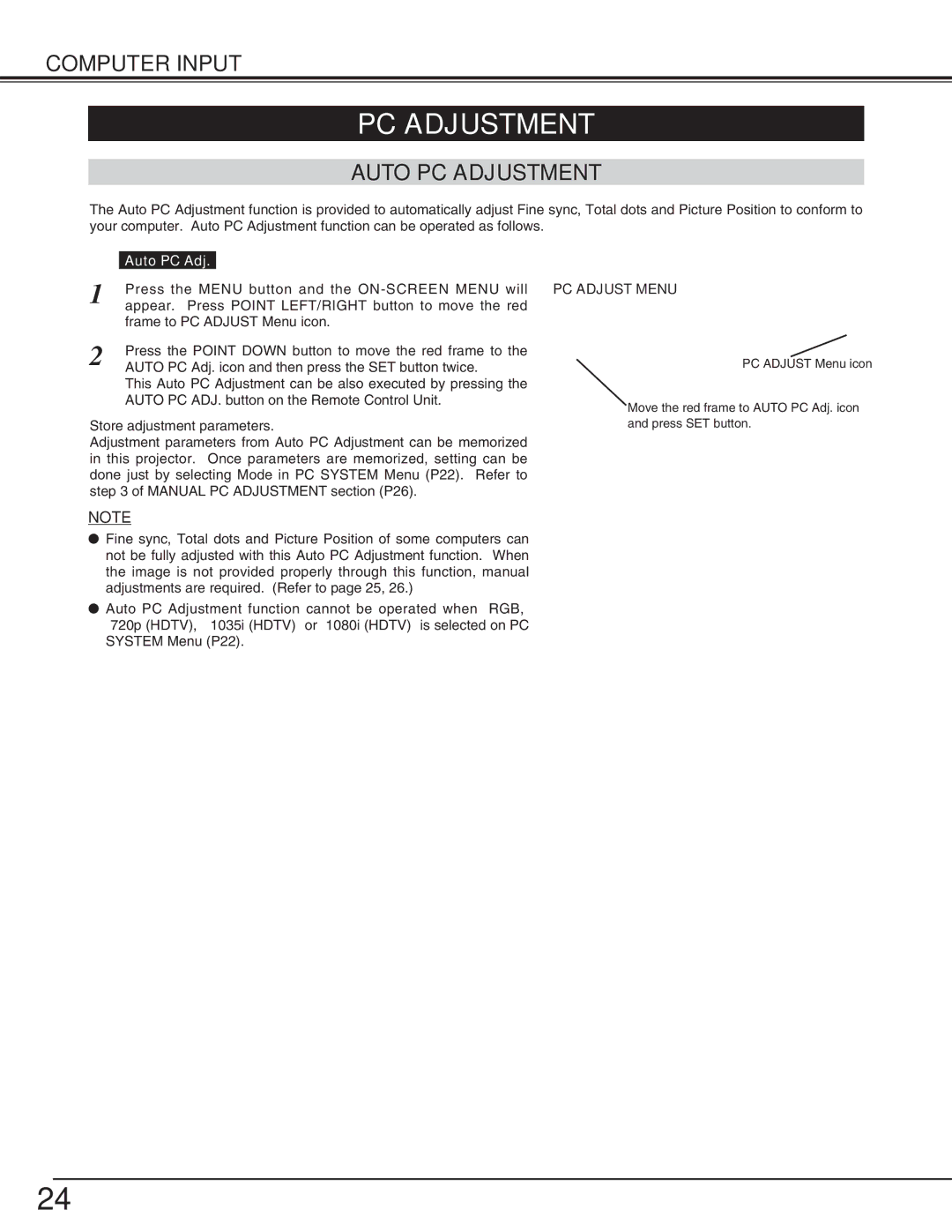 Canon LV-X2 owner manual Auto PC Adjustment, PC Adjust Menu 