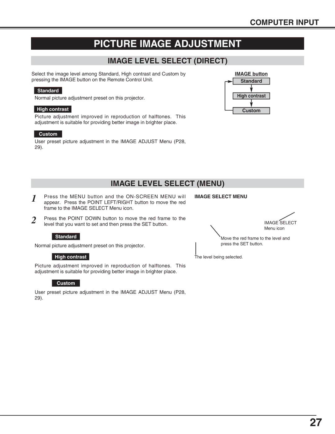 Canon LV-X2 owner manual Picture Image Adjustment, Image Level Select Direct, Image Level Select Menu, Image Select Menu 