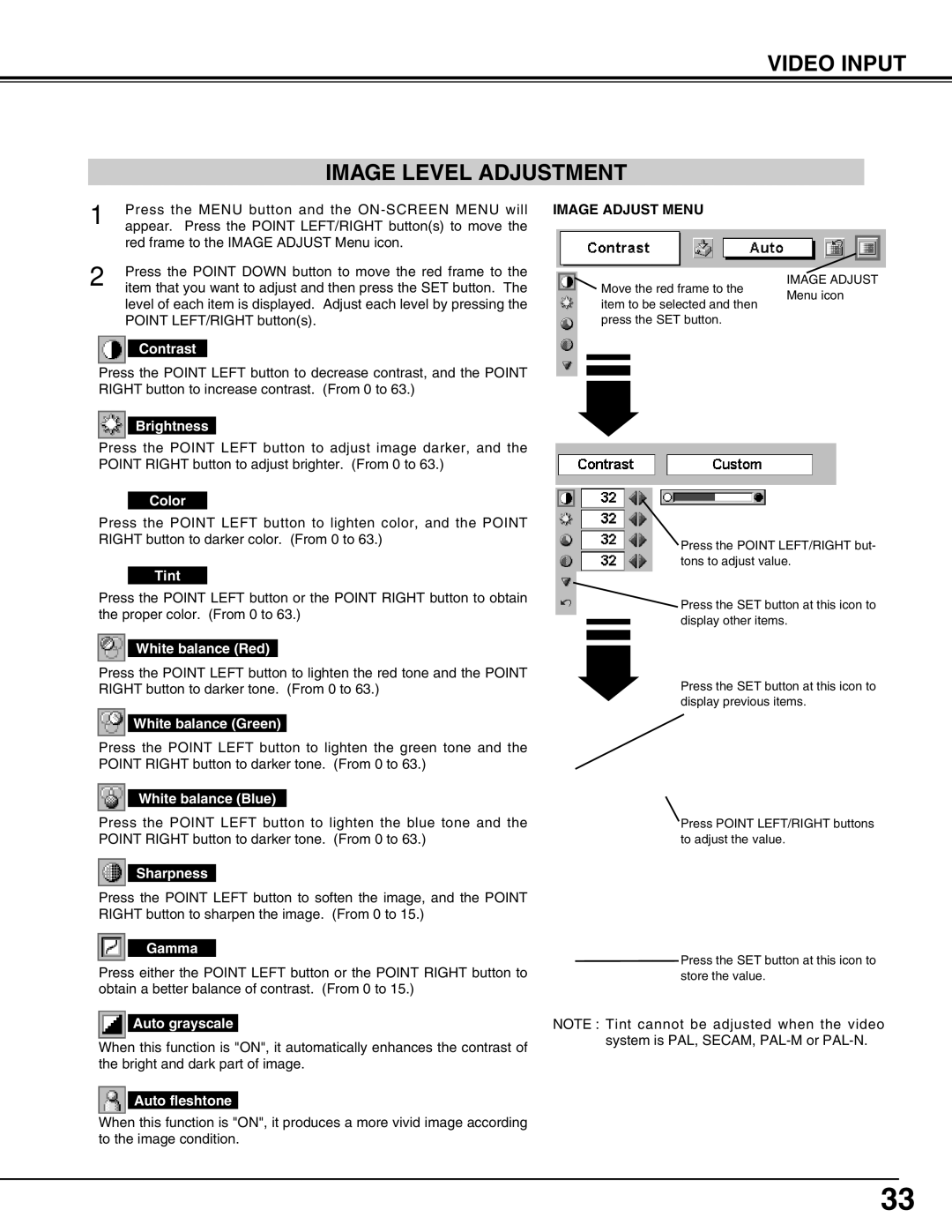 Canon LV-X2 owner manual Video Input Image Level Adjustment, Image Adjust Menu 