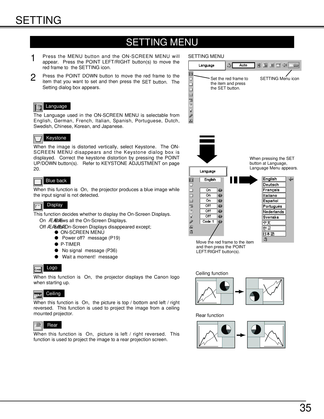 Canon LV-X2 owner manual Setting Menu 