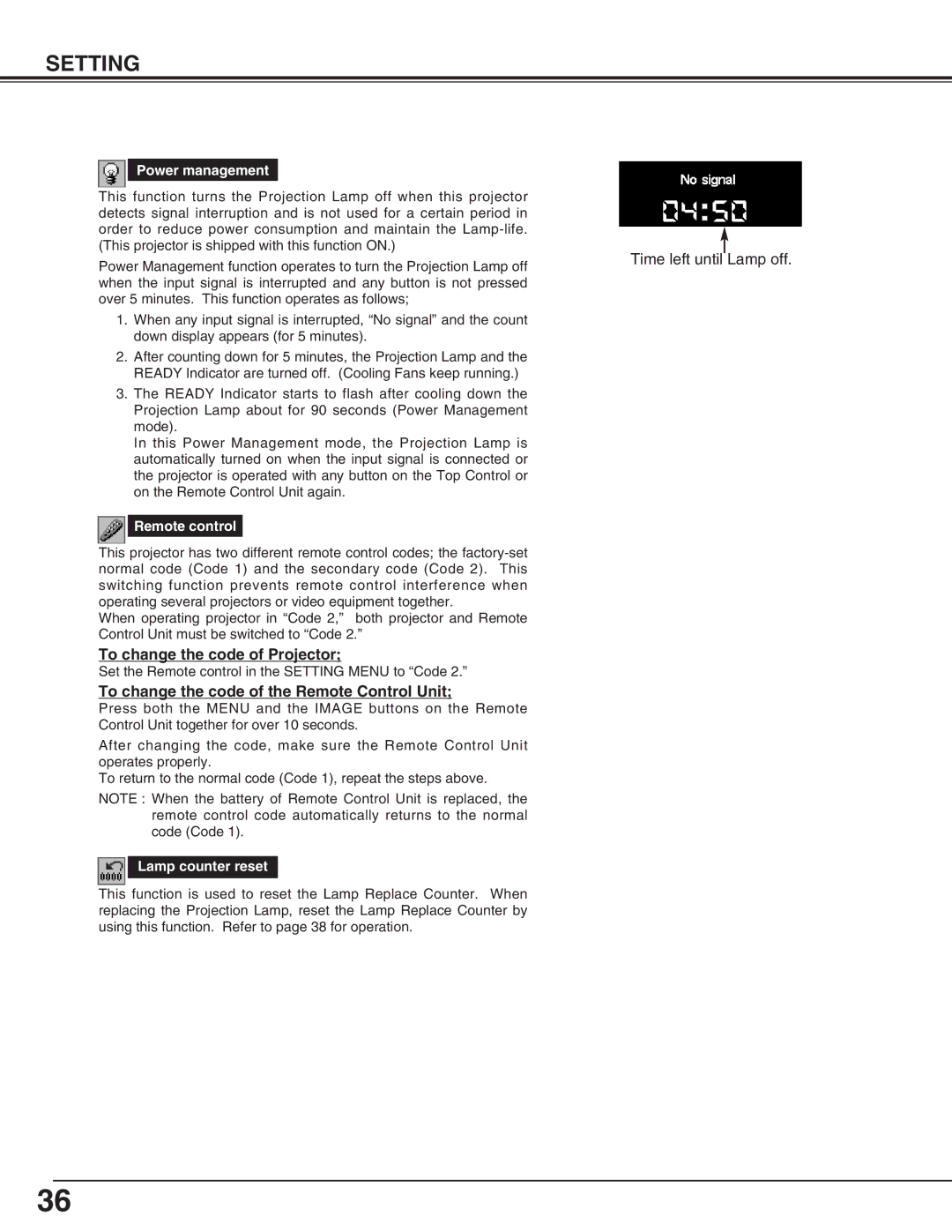 Canon LV-X2 owner manual To change the code of Projector, To change the code of the Remote Control Unit, Power management 