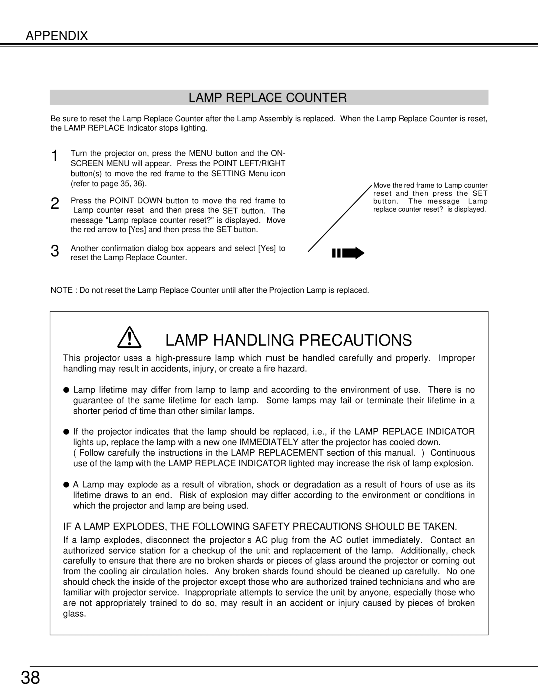 Canon LV-X2 owner manual Lamp Handling Precautions, Appendix Lamp Replace Counter 