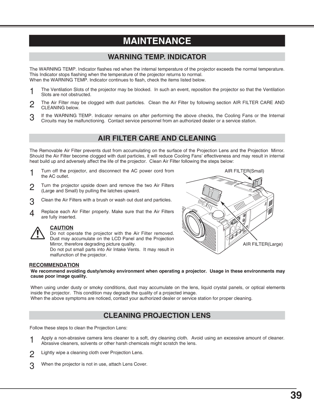 Canon LV-X2 owner manual Maintenance, AIR Filter Care and Cleaning, Cleaning Projection Lens, Recommendation 